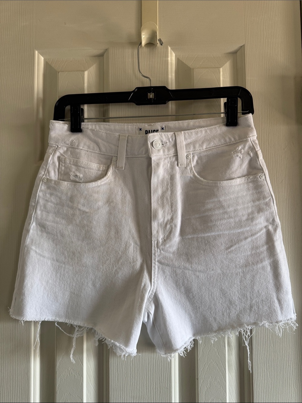 PAIGE White High-Rise Frayed Hem Denim Shorts